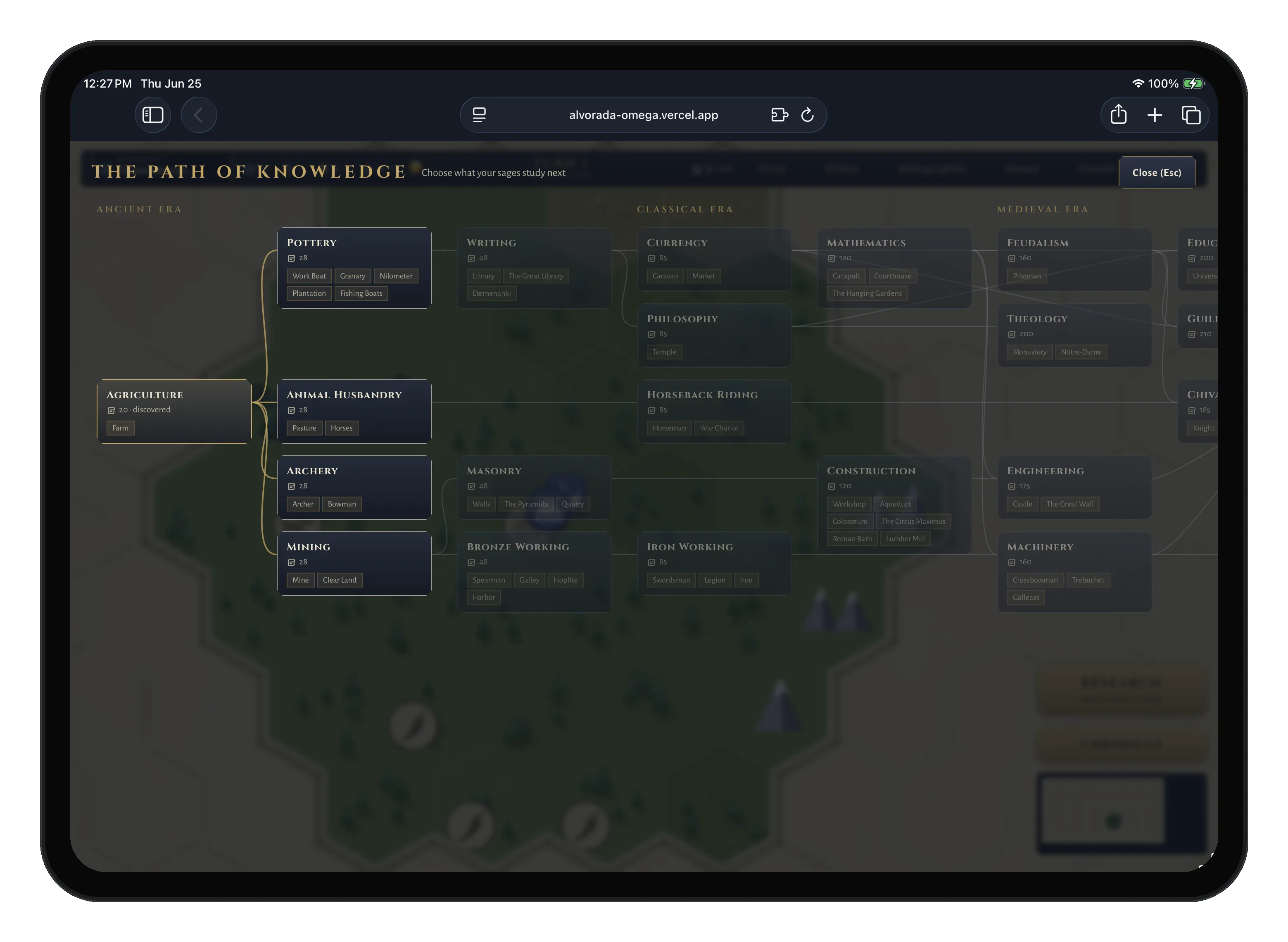 Alvorada tech tree on iPad