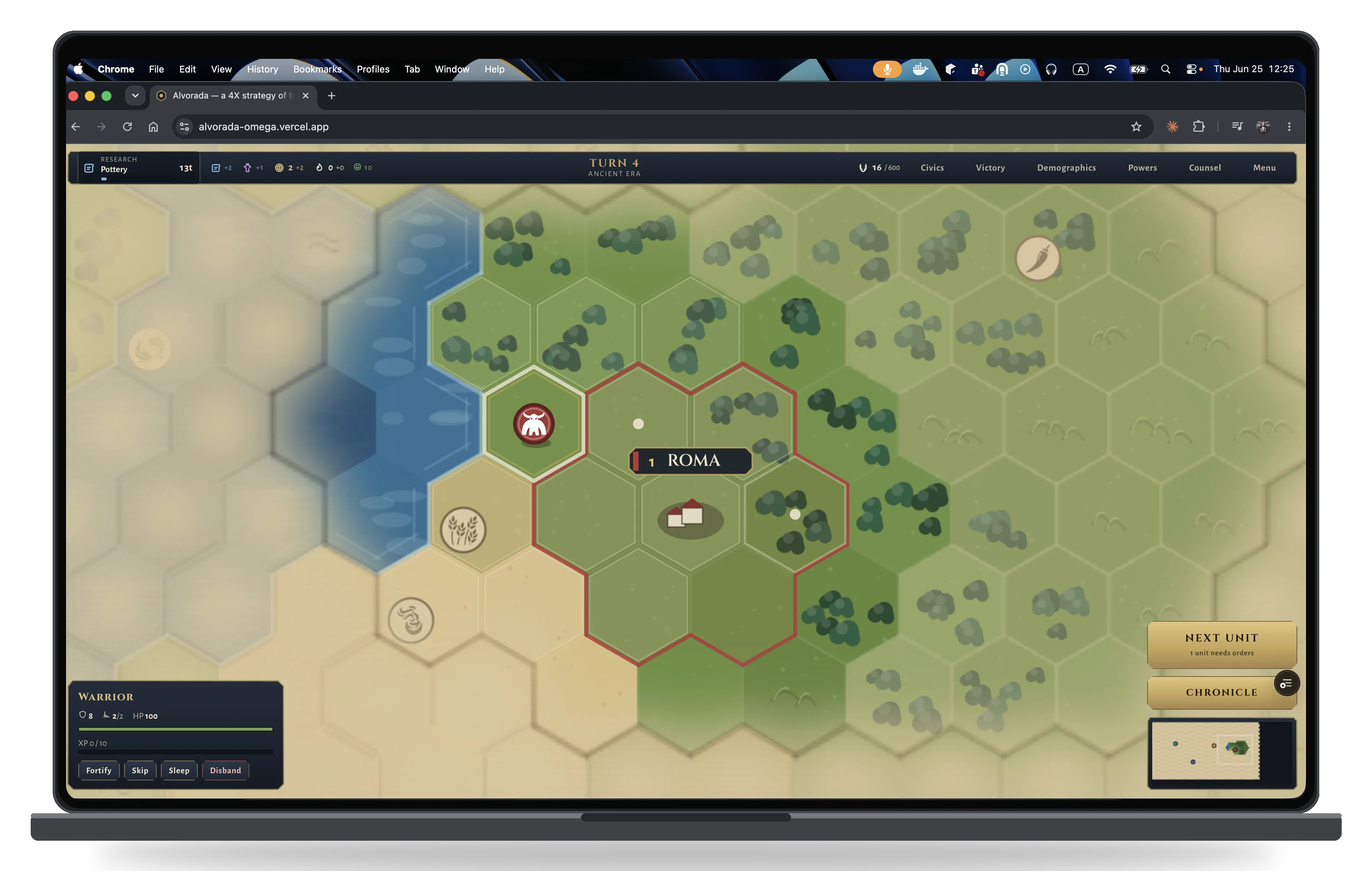 Alvorada hex world map with a city and unit in browser on MacBook
