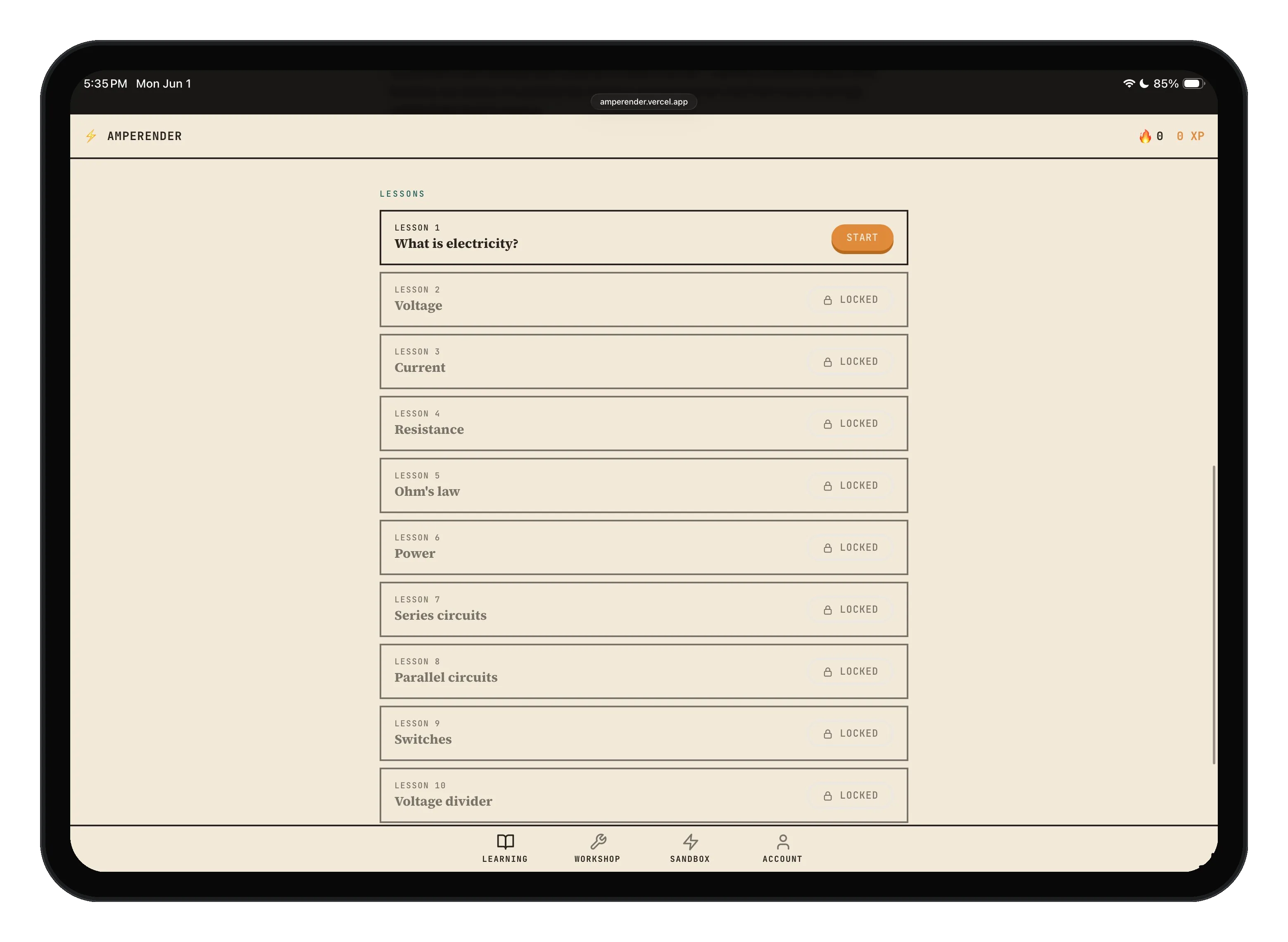 Amperender lesson list on iPad