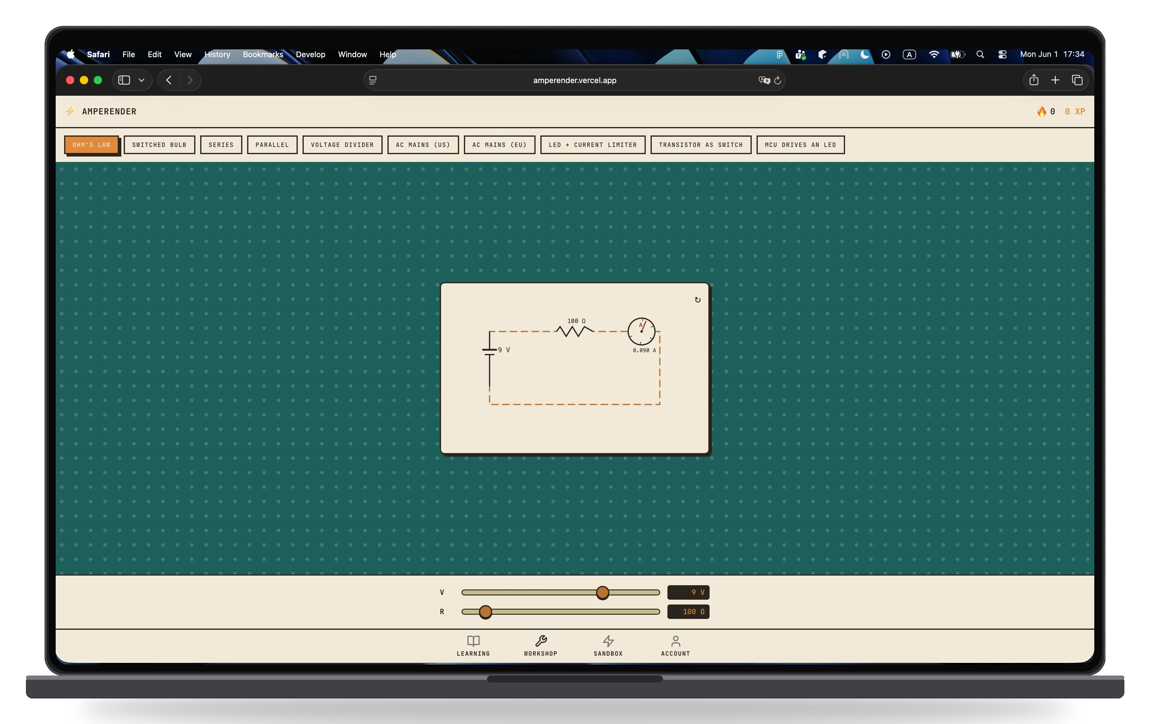 Amperender Ohm's law workshop scenario on MacBook
