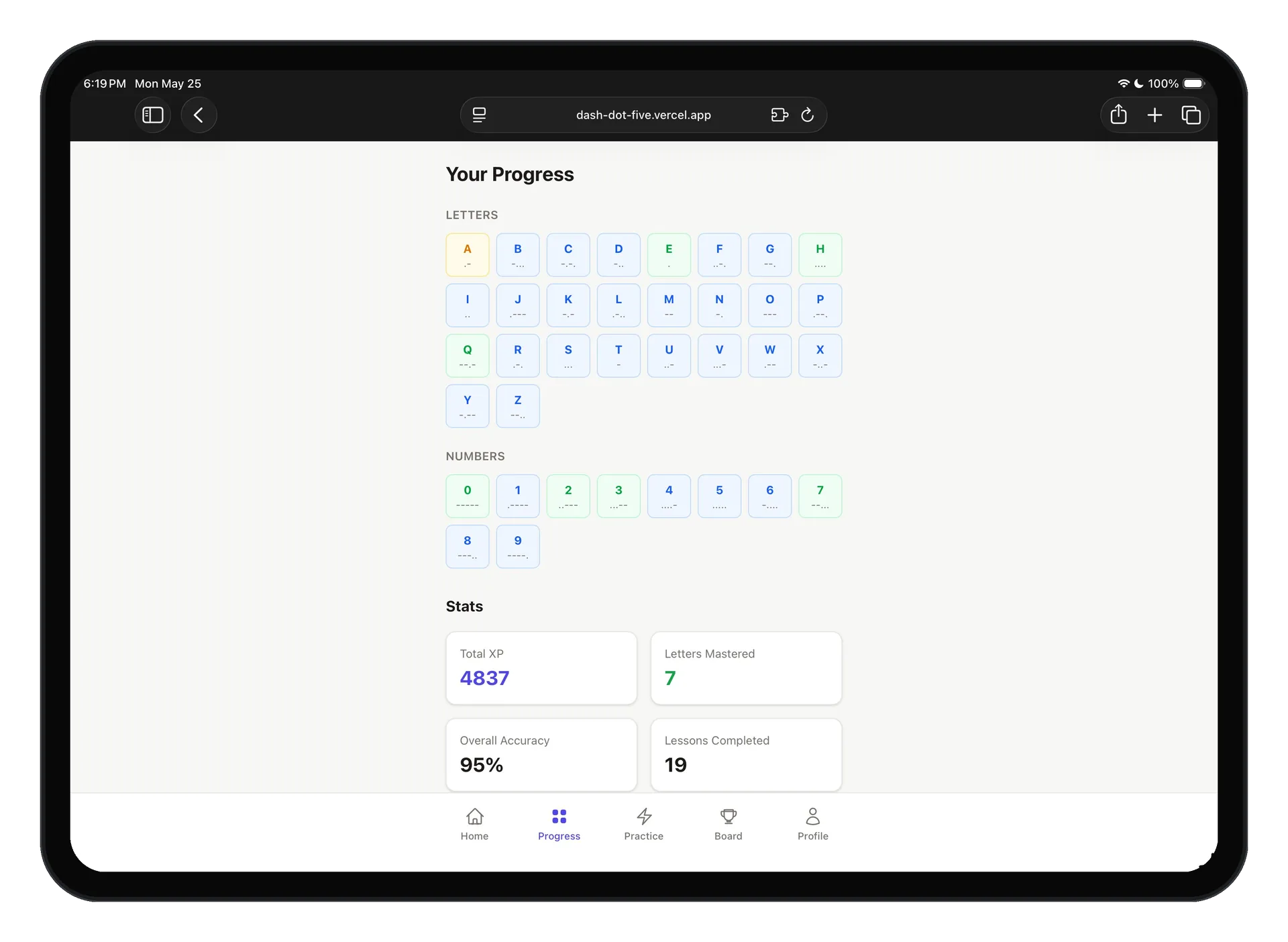 Dash Dot progress dashboard on iPad
