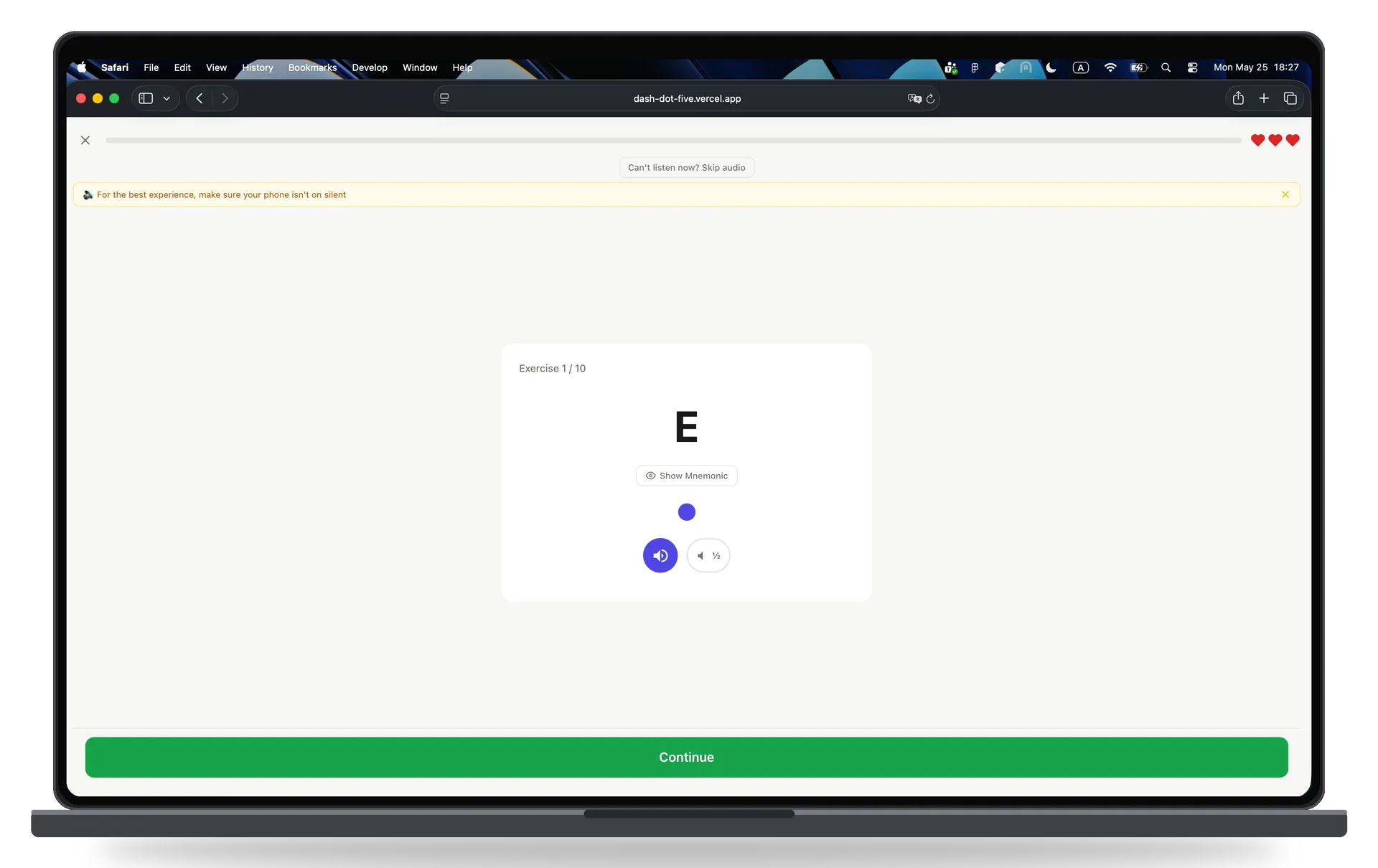 Dash Dot exercise view in browser on MacBook