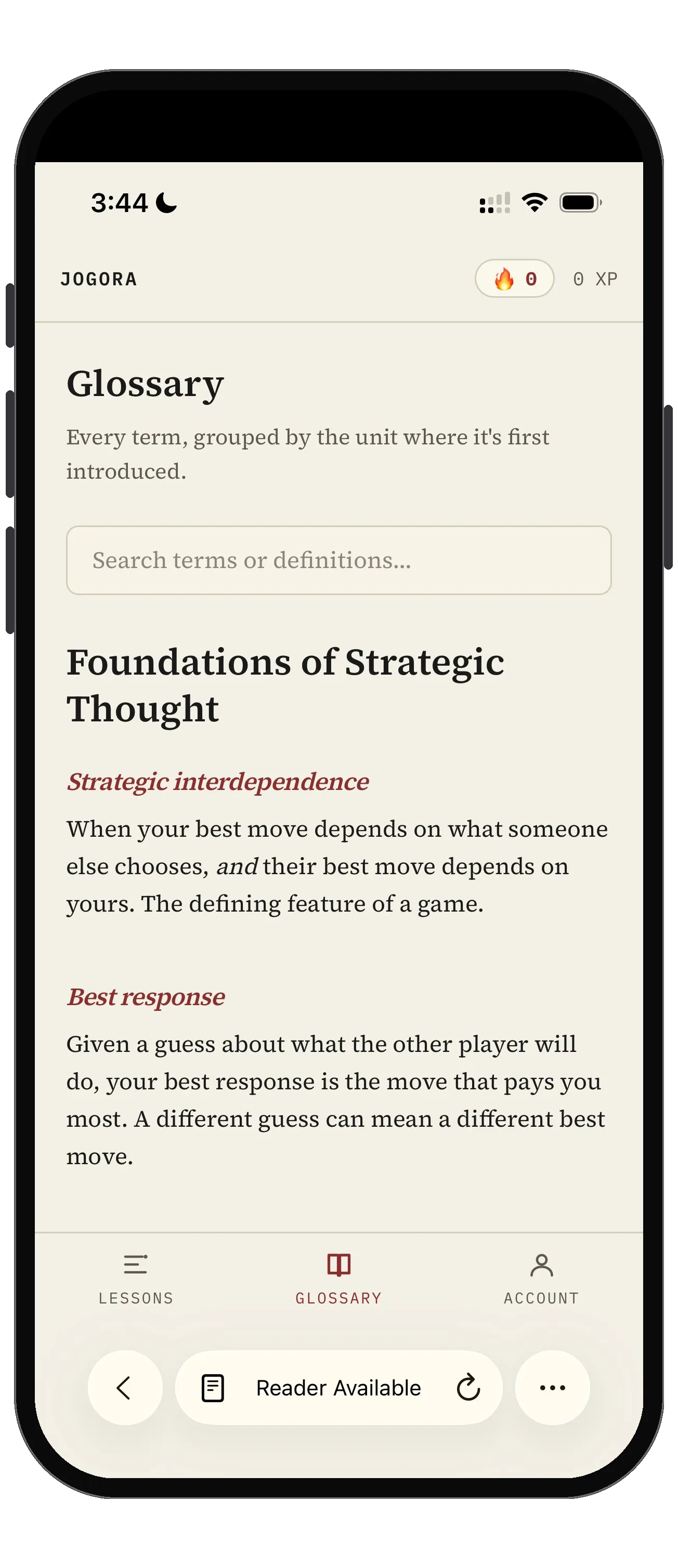 Jogora glossary on iPhone