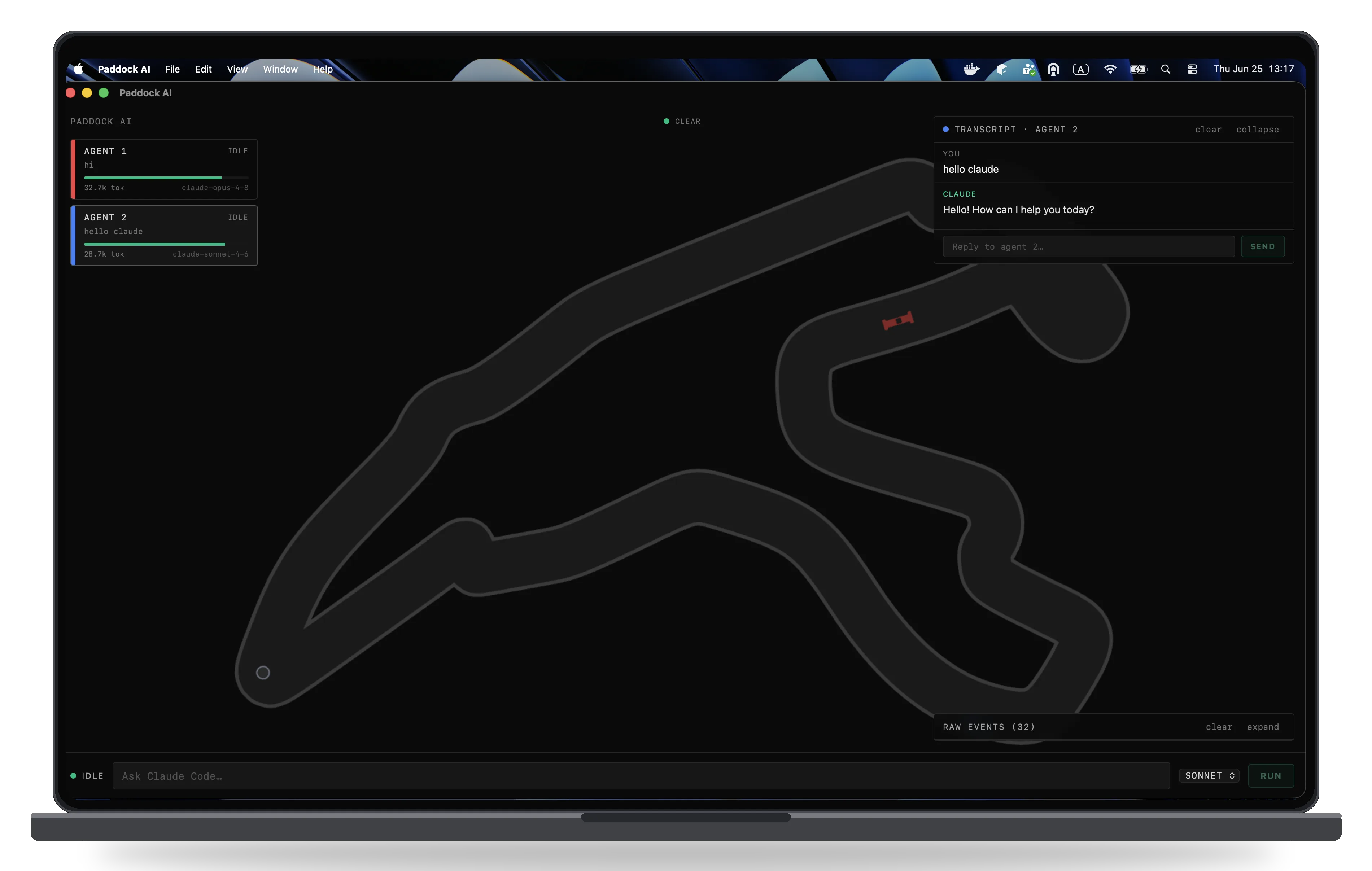 Paddock AI desktop app showing two Claude agents as cars on the Spa-Francorchamps track on MacBook