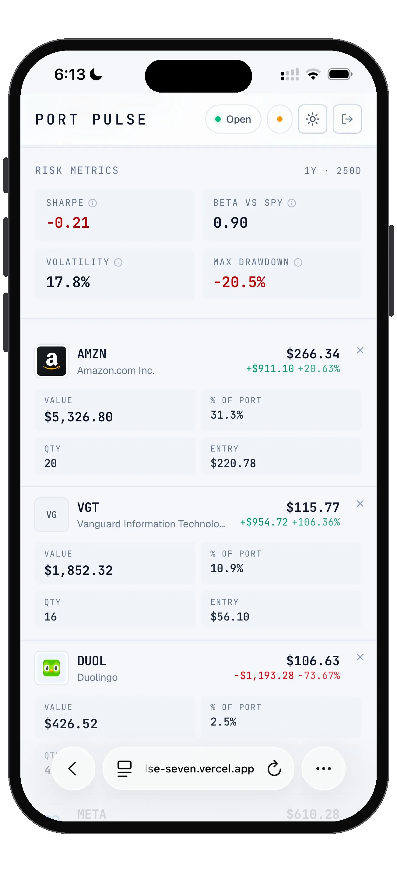 Port Pulse holdings list on iPhone