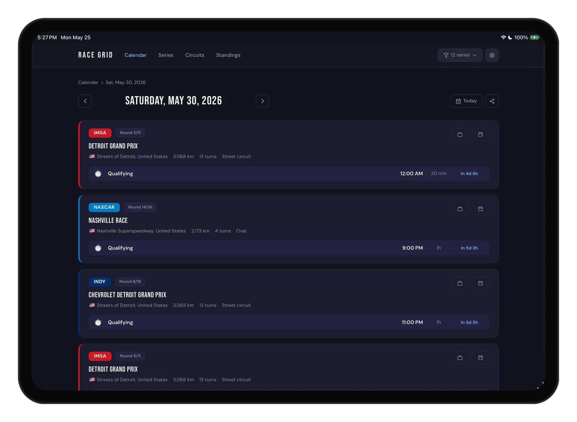 Race Grid daily calendar on iPad