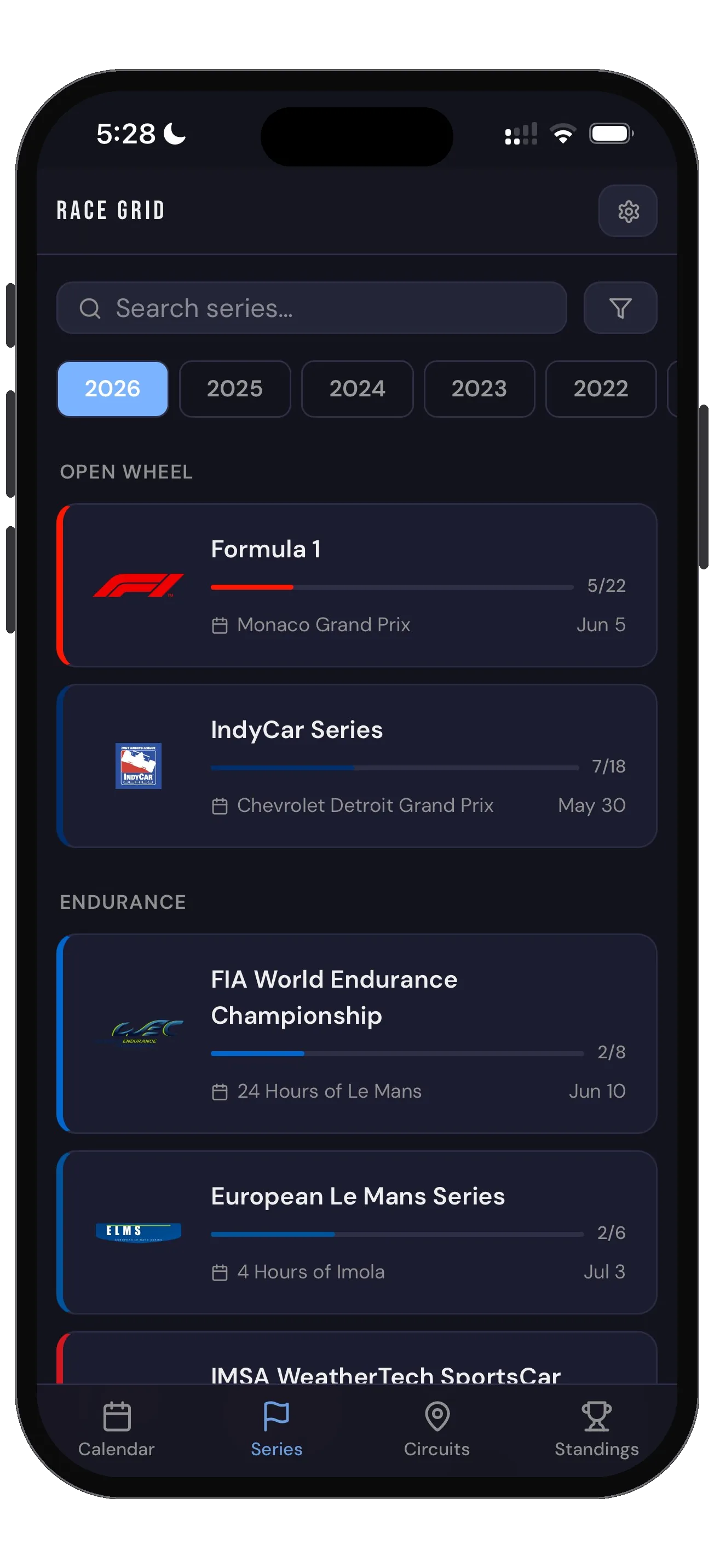 Race Grid series listing on iPhone