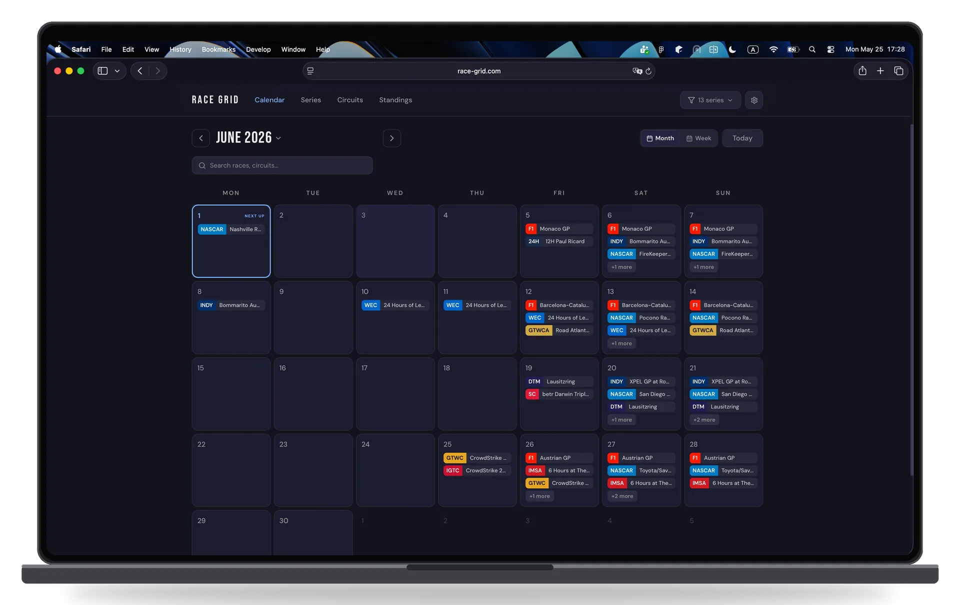 Race Grid month calendar in browser on MacBook