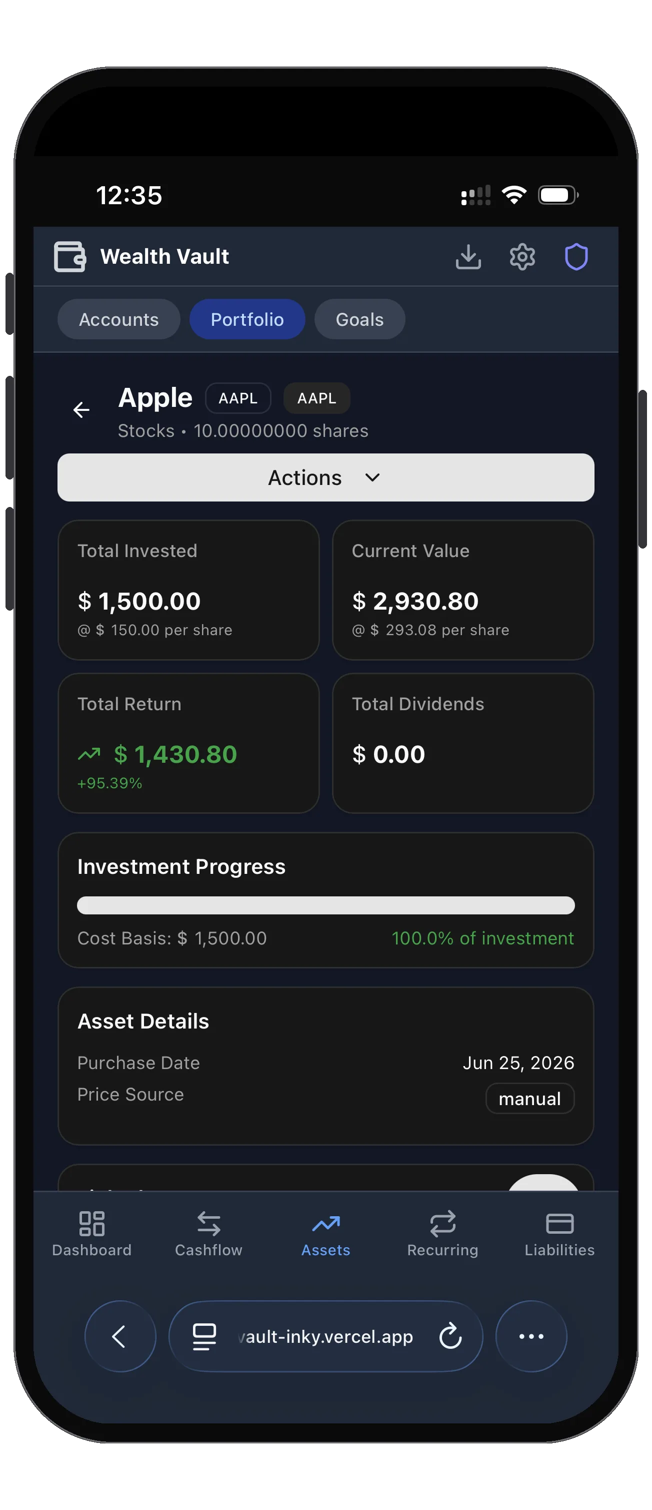 Wealth Vault Apple stock asset detail on iPhone