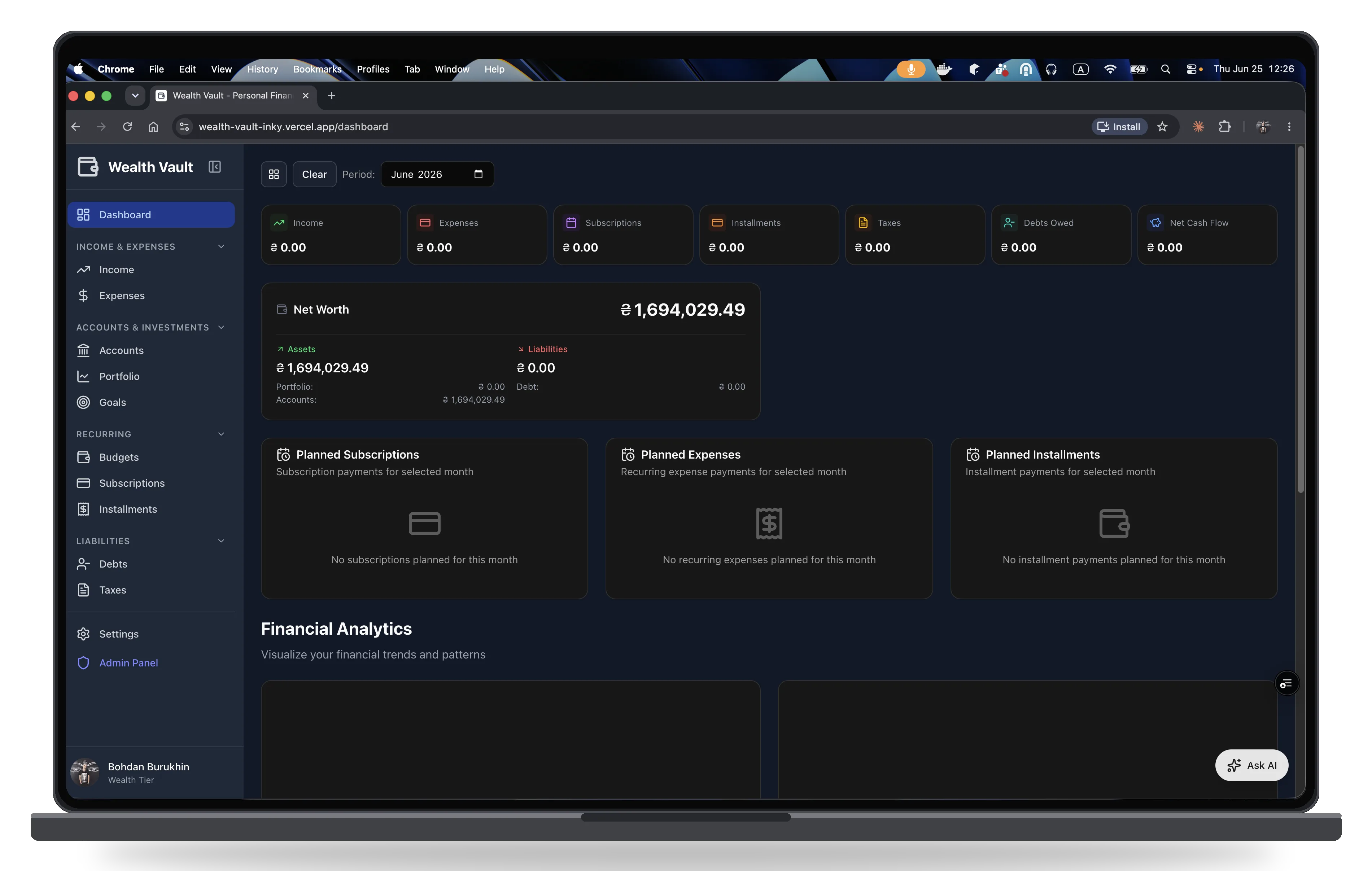 Wealth Vault dashboard with net worth and analytics in browser on MacBook